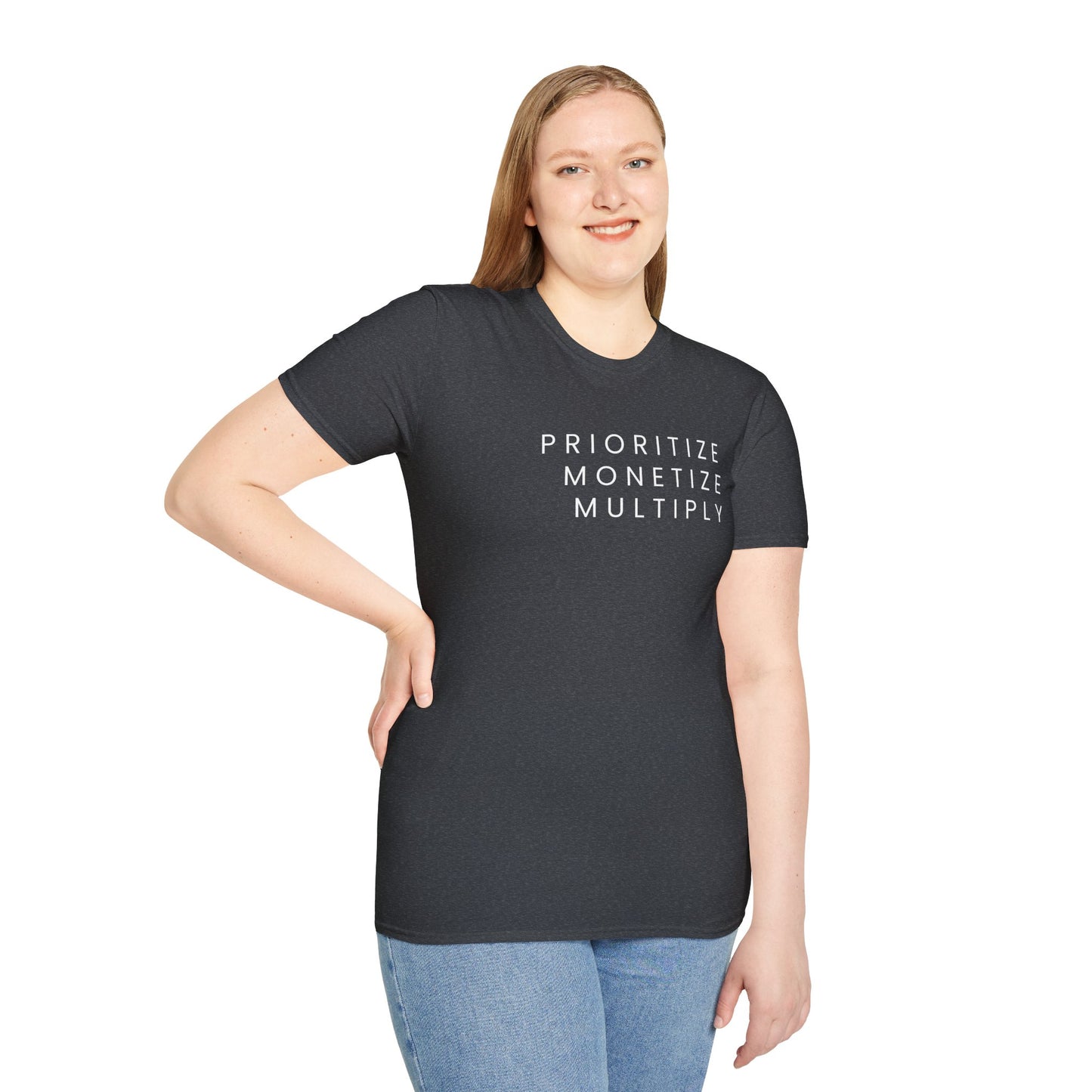 Motivational Unisex Softstyle T-Shirt - 'Prioritize, Monetize, Multiply'