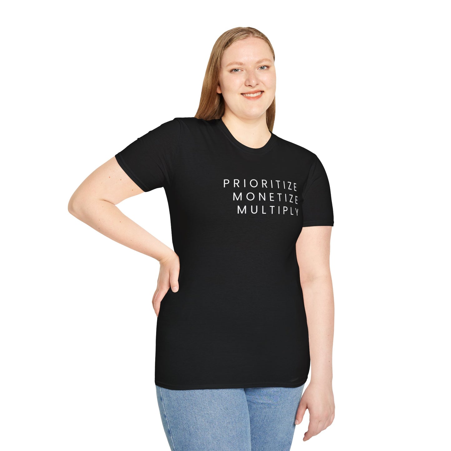 Motivational Unisex Softstyle T-Shirt - 'Prioritize, Monetize, Multiply'