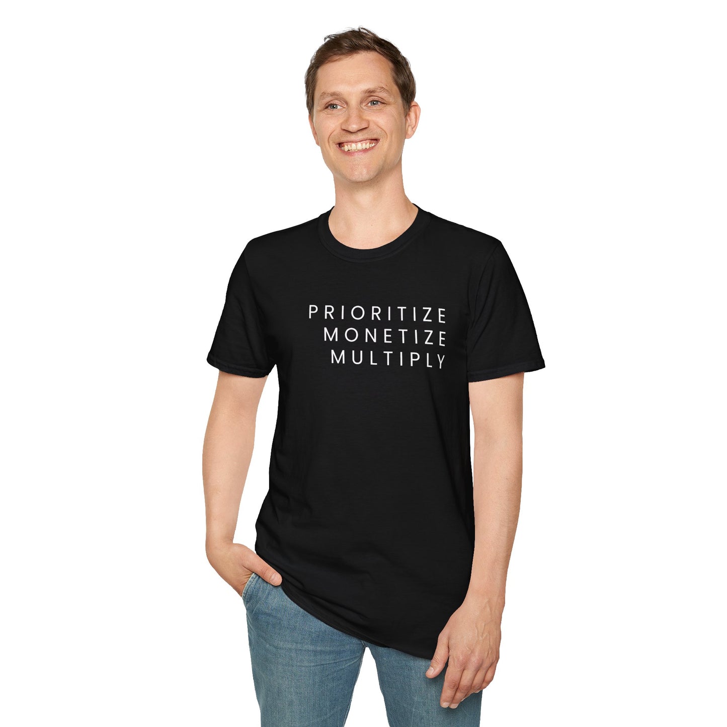 Motivational Unisex Softstyle T-Shirt - 'Prioritize, Monetize, Multiply'