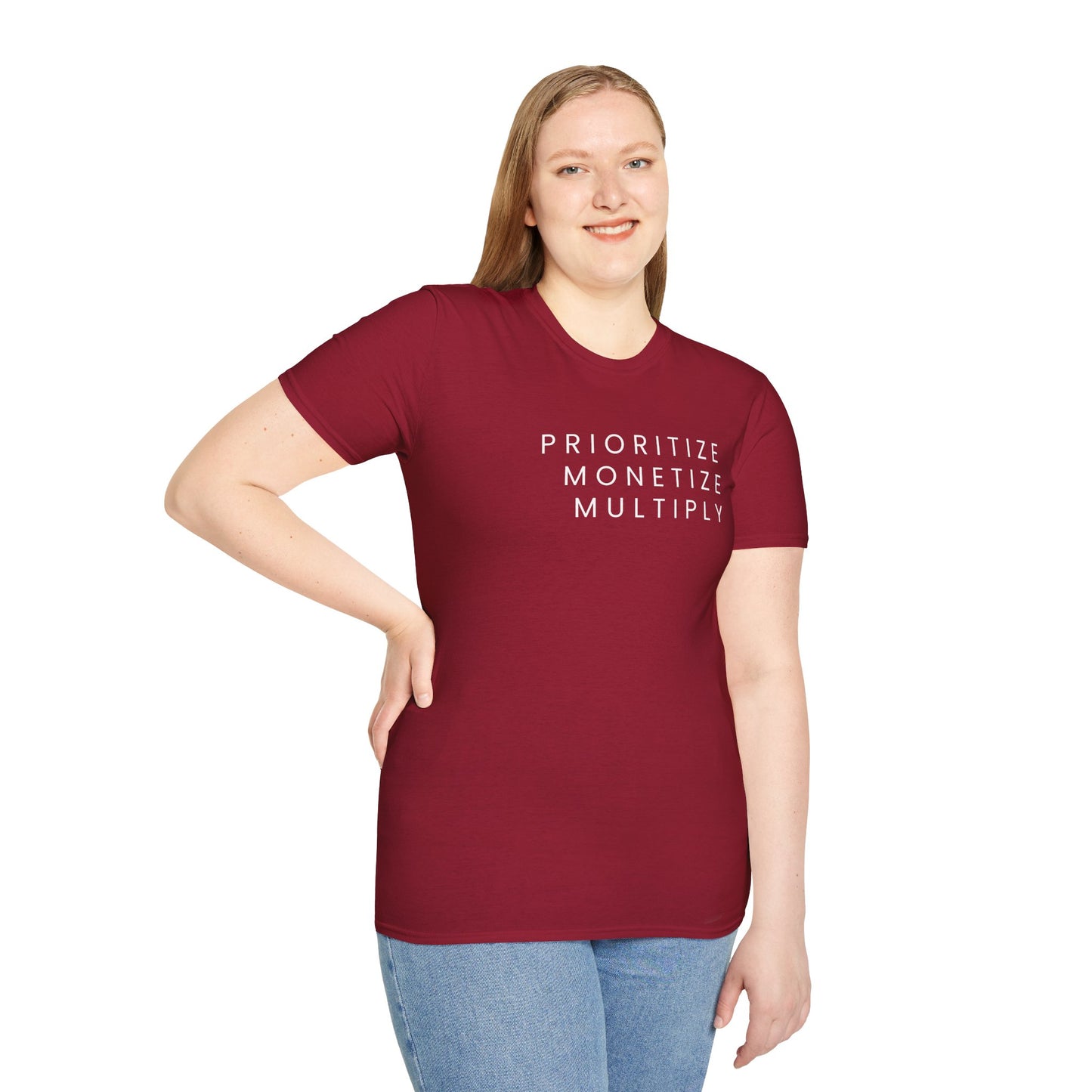 Motivational Unisex Softstyle T-Shirt - 'Prioritize, Monetize, Multiply'